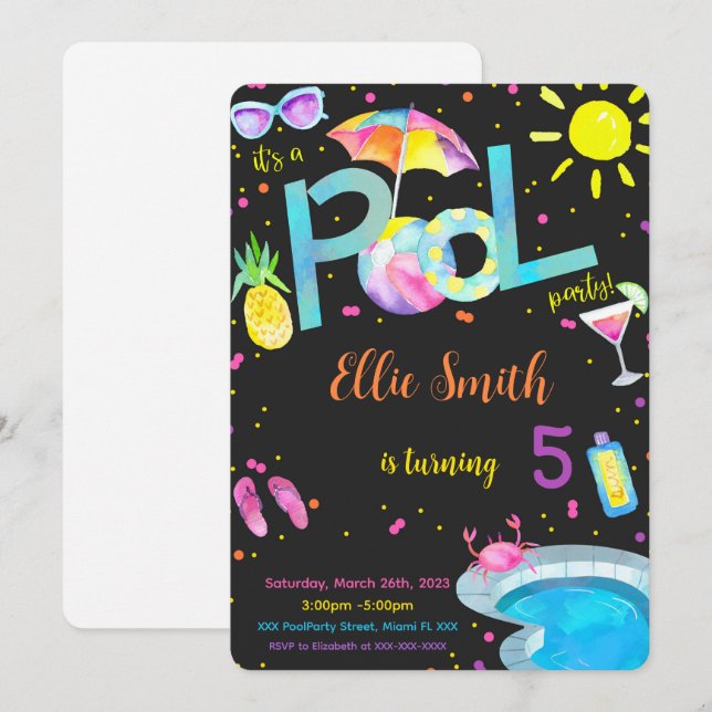 Convite Editável de Aniversário na Piscina (Frente/Verso)