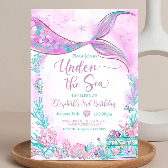Convite Editável Debaixo do Mar Pequena Sereia Roxo Turque (Criador carregado)