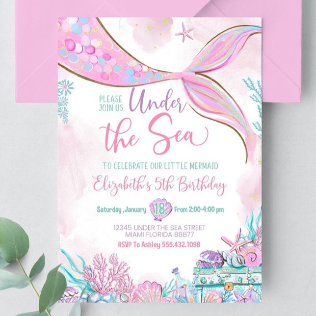 Convite Editável Debaixo do Mar Pequena Sereia Roxo Turque (Criador carregado)