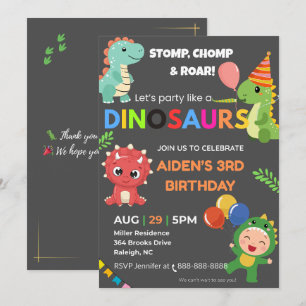 Convite Editável Dino Birthday - Cartão Plano