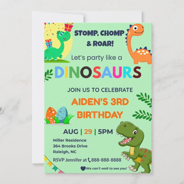 Convite Editável Dino Birthday | Roar Party (Frente)