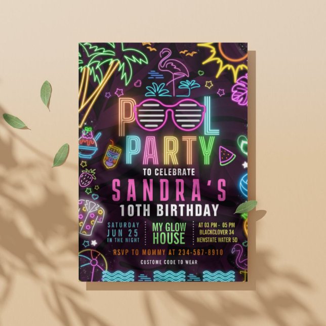 Convite Editável Festa de Piscina com Luzes (Pool Party Glow Party Editable Invitation)