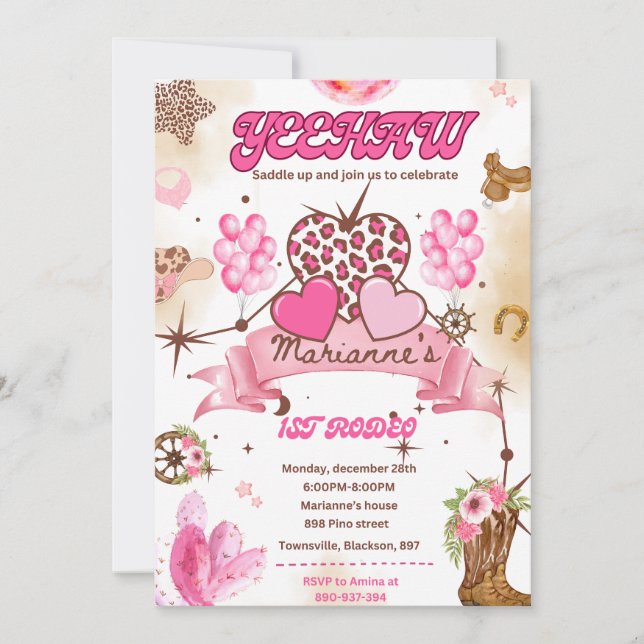 Convite Editável Para Aniversário Da Cowgirl, Disc (Frente)