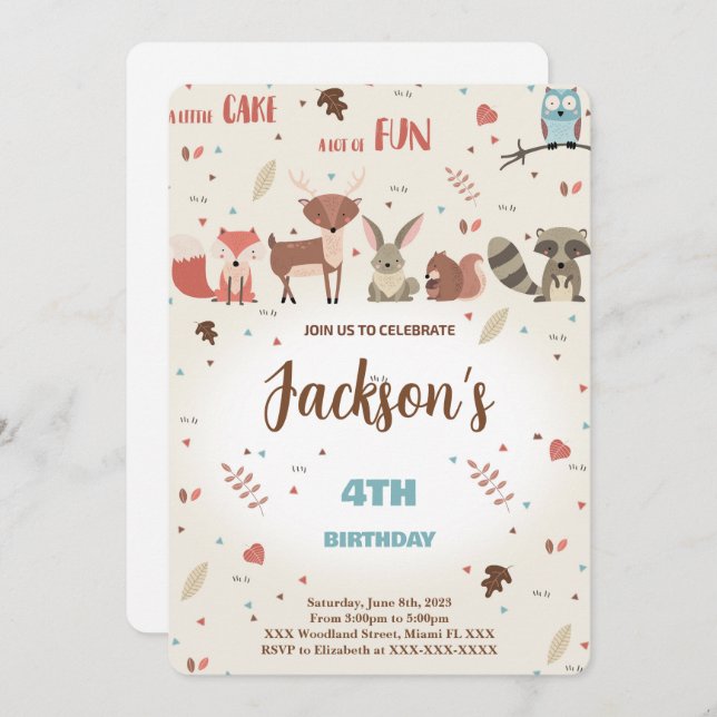 Convite Editável Para Aniversário Do Woodland (Frente/Verso)