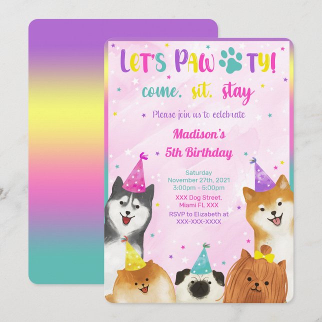 Convite Editável para o Aniversário de Puppy (Frente/Verso)