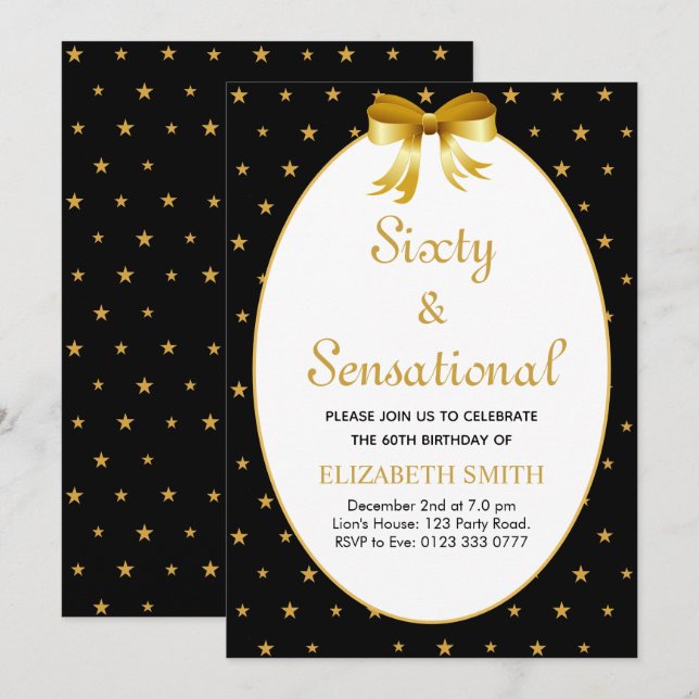 Convite Editável Sessenta e sensacional com estrelas ouros (Frente/Verso)