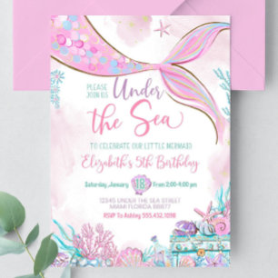Convite Editável Sob o Mar Roxo Azul-Verde Pequena Sereia