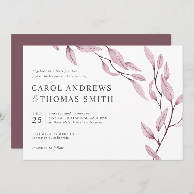 Convite Eethal Burgundy | Casamento Chic Botanic Leaves (Frente/Verso)