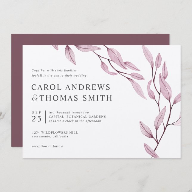 Convite Eethal Burgundy | Casamento Chic Botanic Leaves (Frente/Verso)