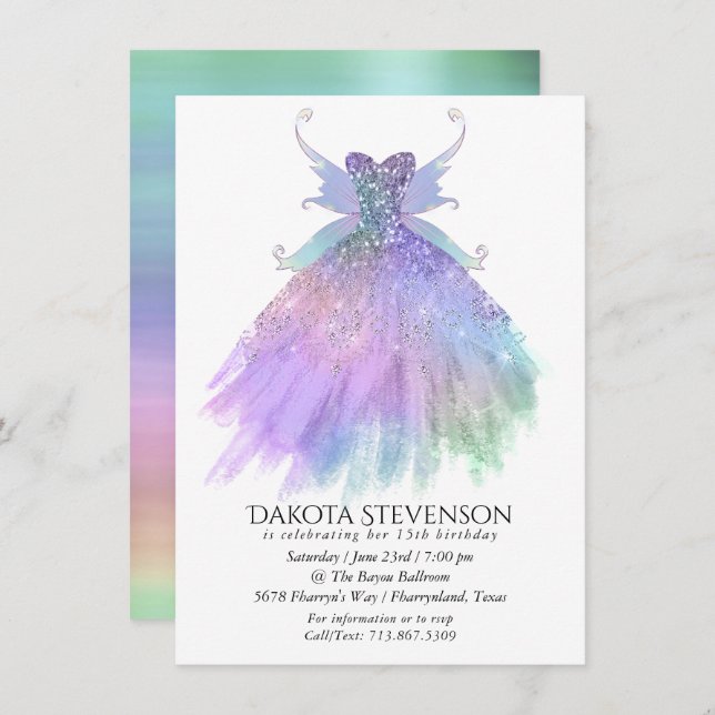 Convite Eethal Fairy Gown | Rainbow Ombre Pastel Sheen (Frente/Verso)