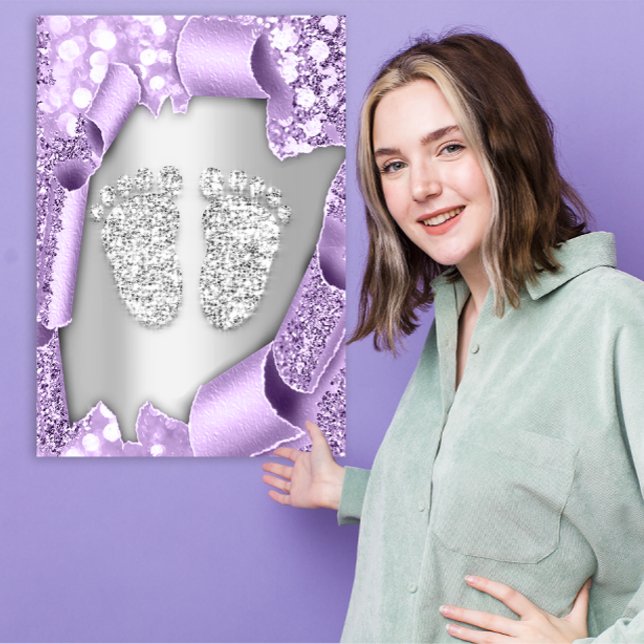 Convite Efeito 3d da Garota dos Pés do Chá de fraldas Púrp (Silver Purple Baby Shower Feet Boy Girl 3d Effect Invitation)