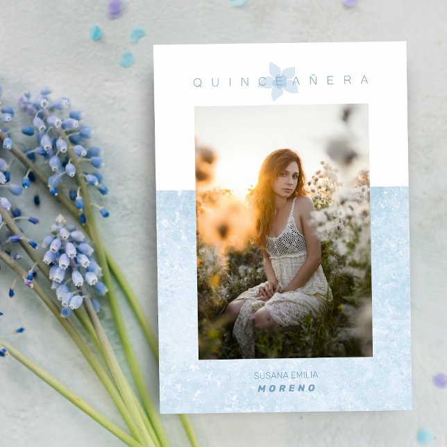 Convite Efeito Marble Azul Foto Romântica Quinceañera (Criador carregado)