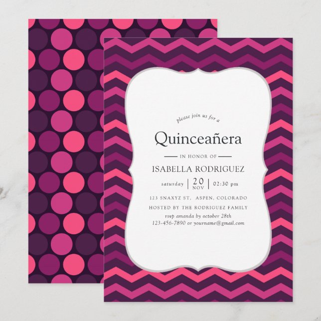 Convite Efeito néon roxo e rosa Quinceanera (Frente/Verso)
