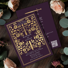 Convite Eggplant Royal Medieval Gold Sword Wedding QR Code