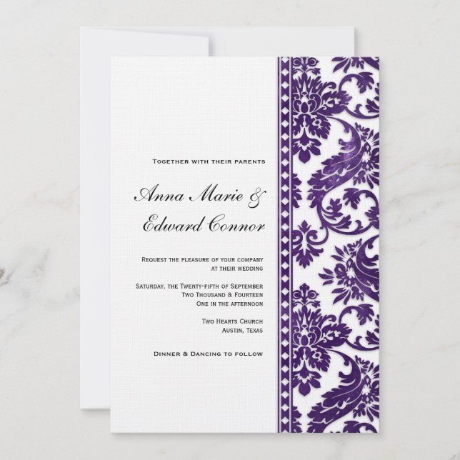 Convite EggPlant Vintage Damask Lace Wedding (Frente)