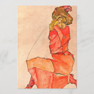Convite Egon Schiele - fêmea de ajoelhamento no vestido do