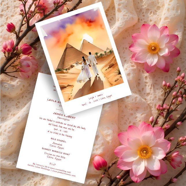 Convite Egypt Pyramids Desert Wedding Couple Illustration (Egypt Pyramids Desert Wedding Couple Illustration Invitation Cards.)