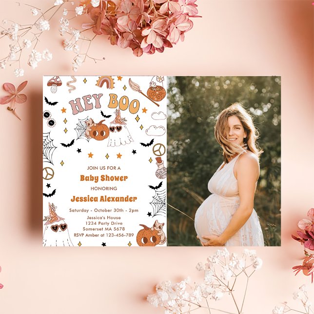 Convite Ei Boo Groovy Halloween Chá de fraldas Fantasma (Criador carregado)