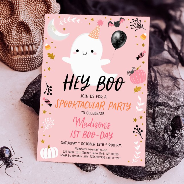 Convite Ei Boo Pink Fantasma Aniversário de Halloween (Criador carregado)