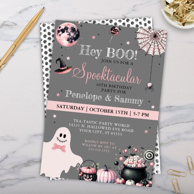 Convite Ei, Cinza Rosa, Festa de aniversário de Dia das Br (Spooktacular Halloween Birthday Party Costume Trick or Treat any Party Invitations for Girls)