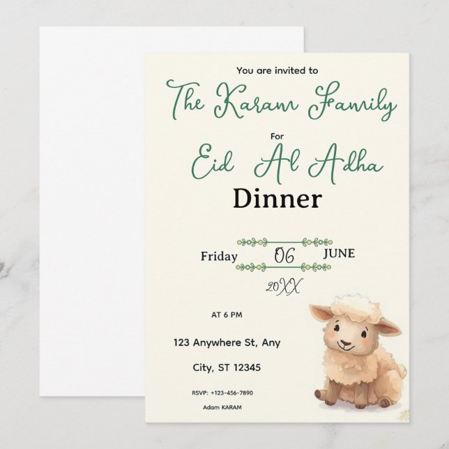 Convite Eid  Al Adha Beige Cute Sheep Dinner  (Frente/Verso)
