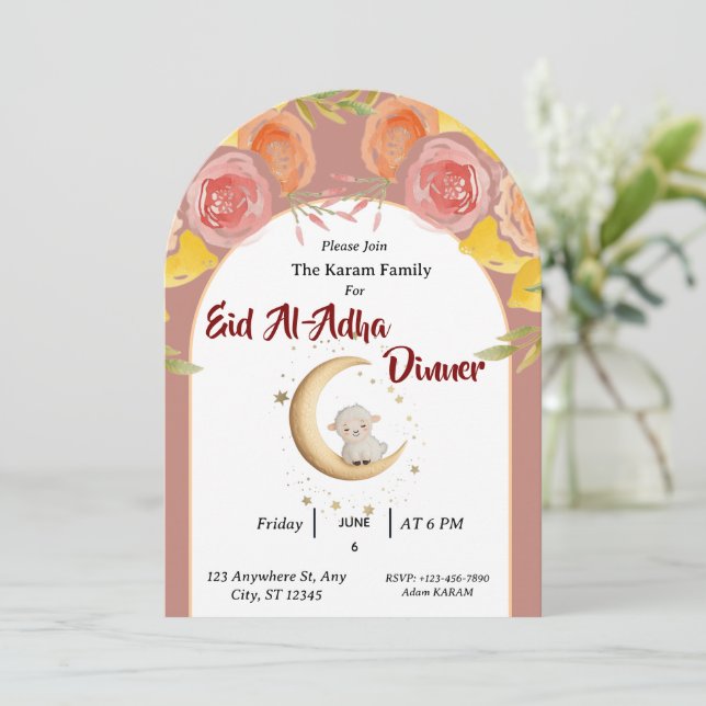 Convite Eid Al Adha Mubarak Floral Moderno (Em pé/Frente)