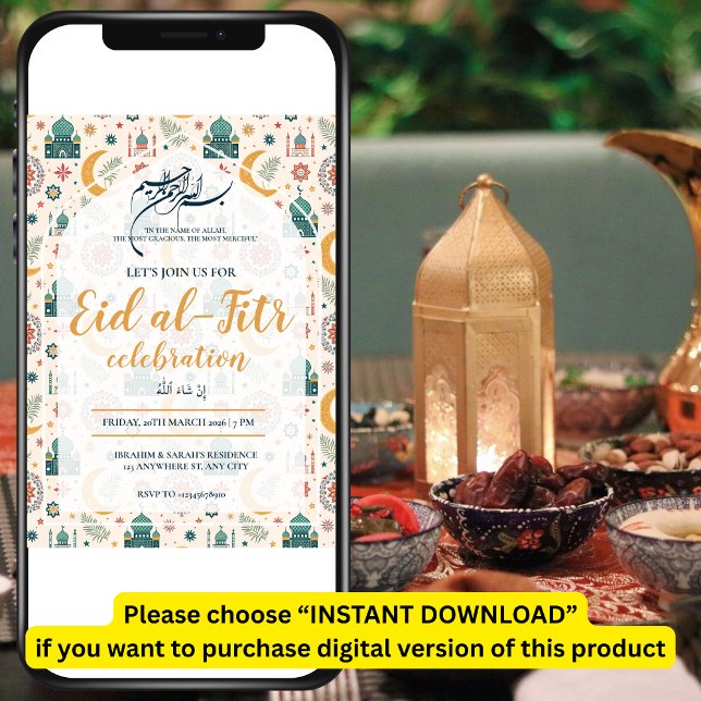 Convite Eid Al Fitr Celebration Eid Mubarak Party Editable (Criador carregado)