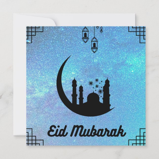 Convite Eid Mubarak Blue Via Látea em Preto Texto Nota Car (Frente)