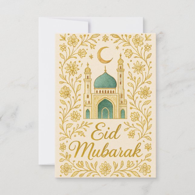 Convite Eid Mubarak - Flores da Mesquita Branca e Dourada (Frente)