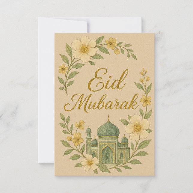 Convite Eid Mubarak - Flores da Mesquita Branca e Dourada (Frente)