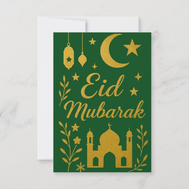 Convite Eid Mubarak - Flores da Mesquita Verde e Dourada (Frente)