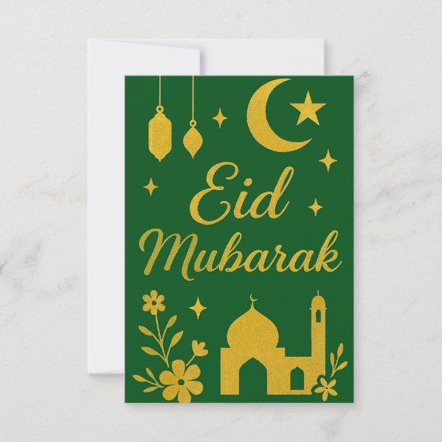 Convite Eid Mubarak - Flores da Mesquita Verde e Dourada (Frente)