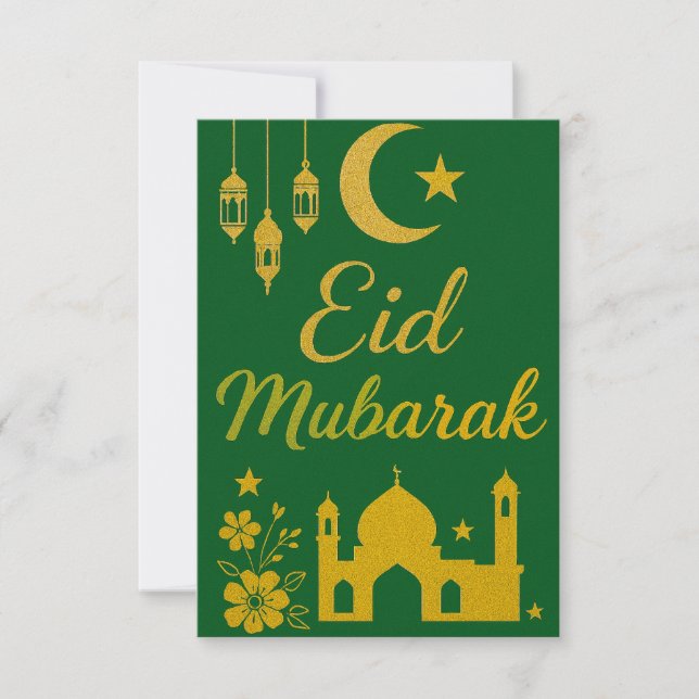 Convite Eid Mubarak - Flores da Mesquita Verde e Dourada (Frente)