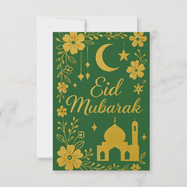 Convite Eid Mubarak - Flores da Mesquita Verde e Dourada (Frente)