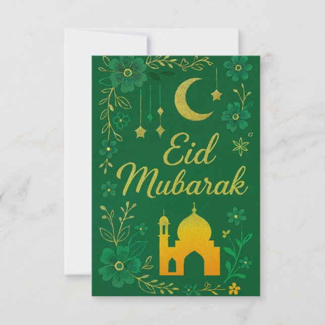 Convite Eid Mubarak - Flores da Mesquita Verde e Dourada (Frente)