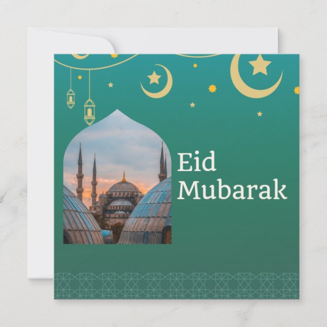 Convite Eid Mubarak Verde e Azul com Texto Personalizável (Frente)