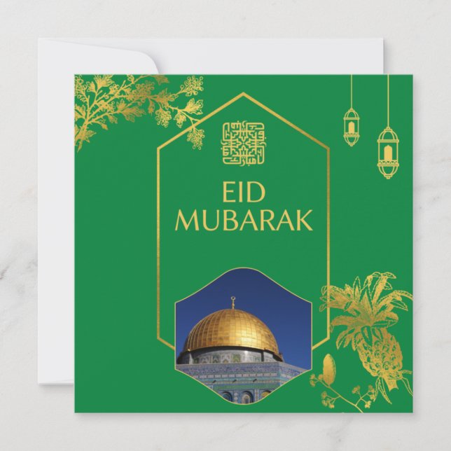 Convite Eid Mubarak Verde e Dourado com texto personalizáv (Frente)