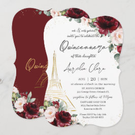 Convite Eiffel Paris Quinceañera Burgundy Blush Floral
