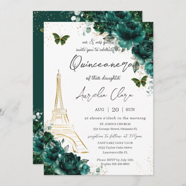Convite Eiffel Paris Quinceañera Emerald Green Floral (Frente/Verso)