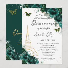 Convite Eiffel Paris Quinceañera Emerald Green Floral