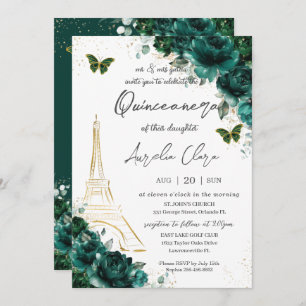 Convite Eiffel Paris Quinceañera Emerald Green Floral
