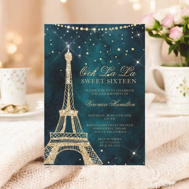 Convite Eiffel torre de dourado brilhante Doce 16 (Eiffel tower teal gold glitter sparkle Sweet 16 Invitation)