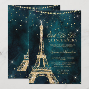 Convite Eiffel torre-de-ouro-relva-relva quinceanera