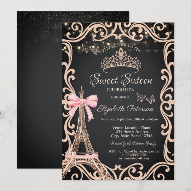 Convite Eiffel Tower Bow Frame Dress Butterfly Sweet 16 (Frente/Verso)
