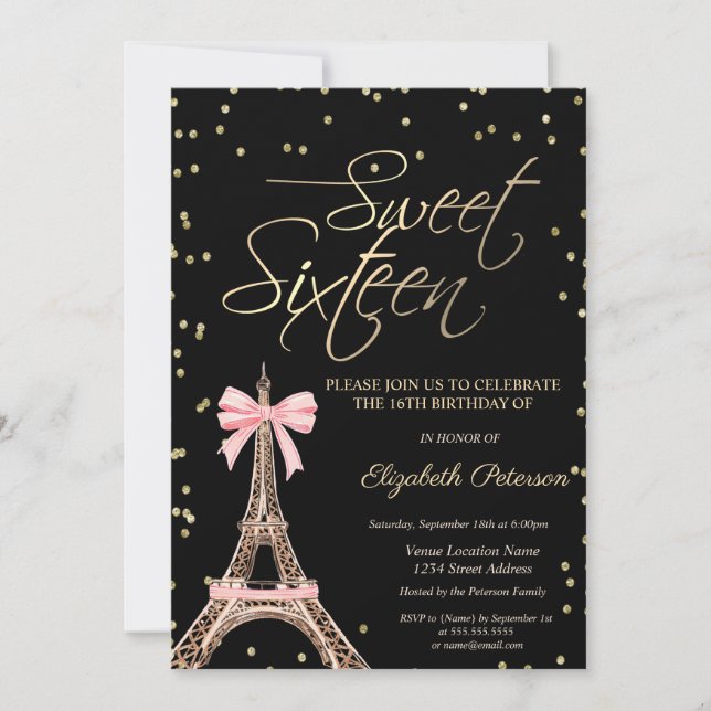 Convite Eiffel Tower Bow Gold Diamonds Black Sweet 16  (Frente)