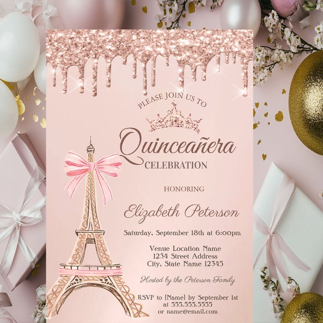 Convite  Eiffel Tower,Bow Rose Gold Drips Quinceañera  (Criador carregado)