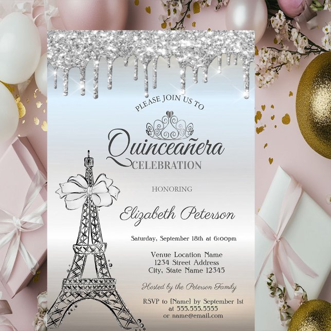 Convite Eiffel Tower,Bow,Tiara,Drips Silver Quinceañera (Criador carregado)