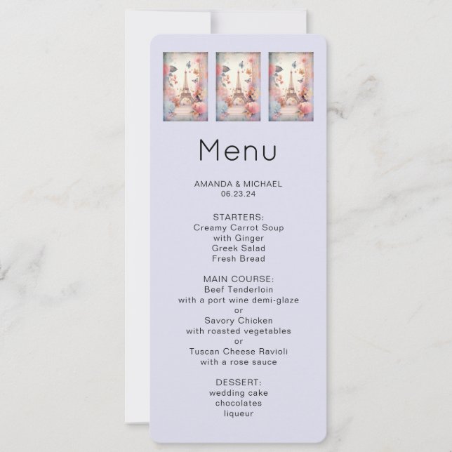 Convite  Eiffel Tower Butterflies and Flowers Menu (Frente)