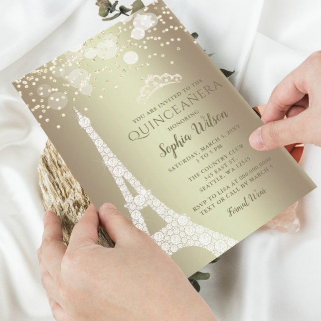 Convite Eiffel Tower Dourado Sparkle Glitter Quinceañera (Criador carregado)