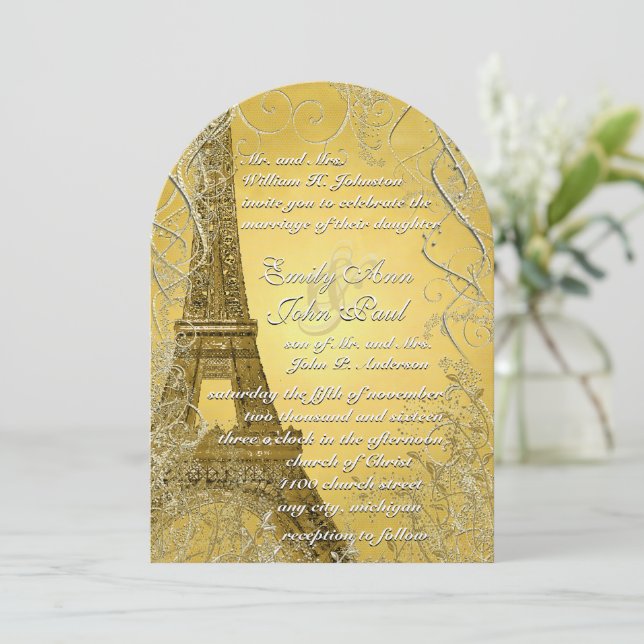 Convite Eiffel Tower Dourado Swirl deixa Dourado metálico  (Em pé/Frente)